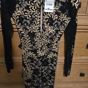 Black and Gold Lace Long Sleeve Dress Necklace Not Included